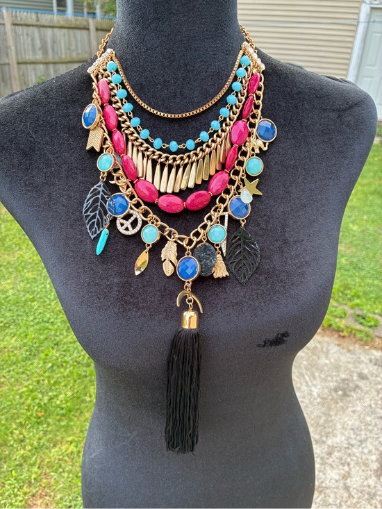 No brand Jewelry - Layered Statement Necklace with Pink, Turquoise & Blue Accents